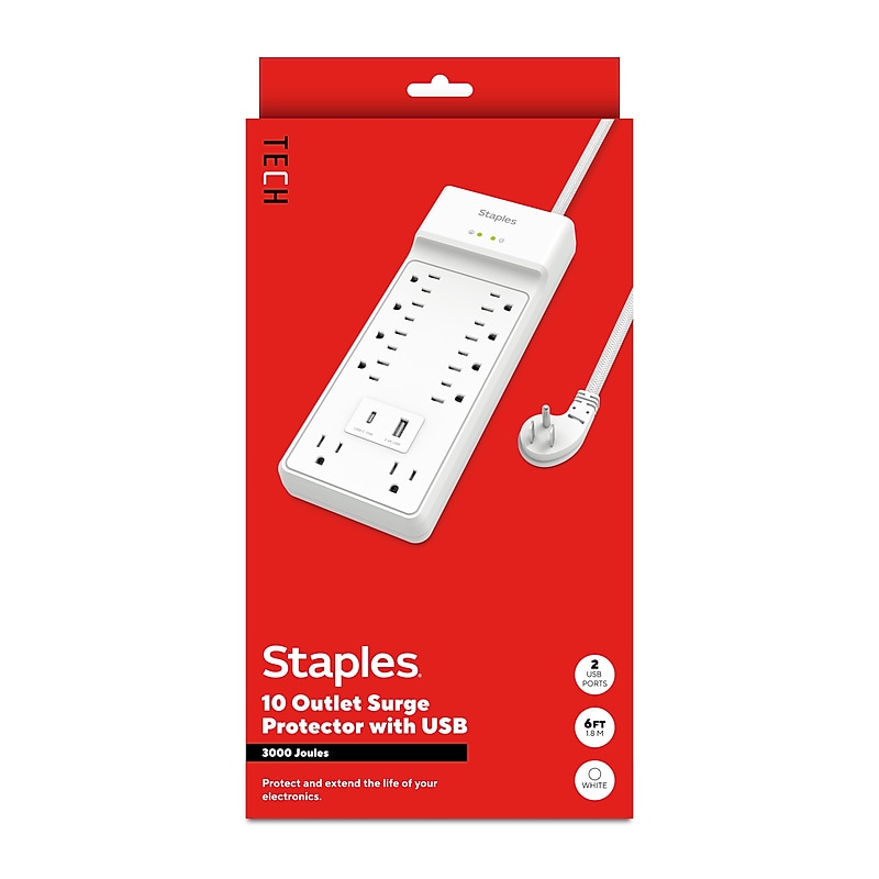 Staples TECH 10-Outlet 2-USB Port Surge Protector, 6', 3000 Joules, White (ST62776) image 1