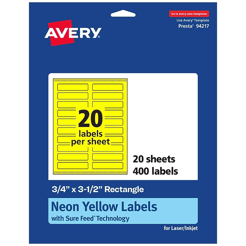 Avery Laser/Inkjet Multipurpose Rectangle Labels, 0.75" x 3.5", Neon Yellow, 400/Pack (94217) image 1