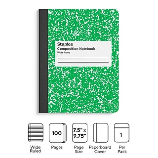 STAPLES Composition Notebook, 9.75” x 7.5”, Wide Ruled, 100 Sheets, Green Cover~#|#~6CAA6578-5E36-48C0-BC9A356B39E810E3_sc7