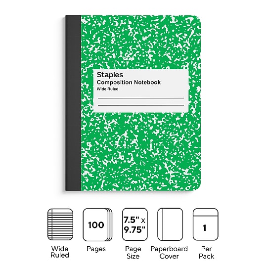 STAPLES Composition Notebook, 9.75” x 7.5”, Wide Ruled, 100 Sheets, Green Cover~#|#~6CAA6578-5E36-48C0-BC9A356B39E810E3_sc7