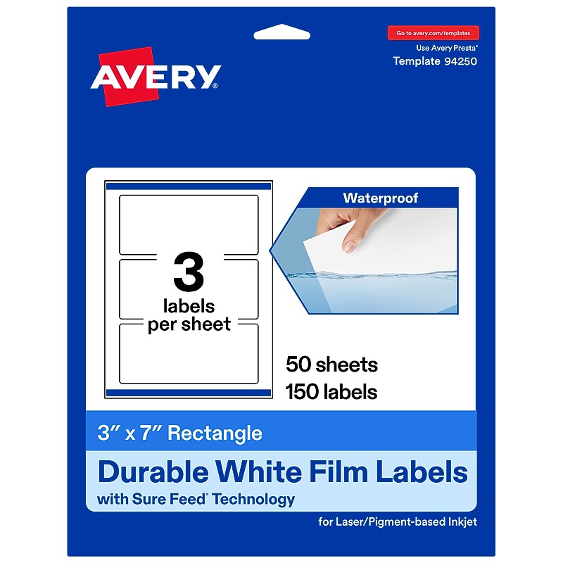 Avery Laser/Inkjet Waterproof Multipurpose Rectangle Labels, 3" x 7", White, 150 Labels/Box (94250) image 1