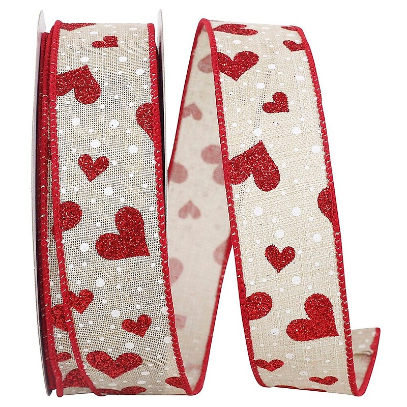JAM PAPER Hearts Glitter Ribbon, Natural/Red (52640340704) image 1