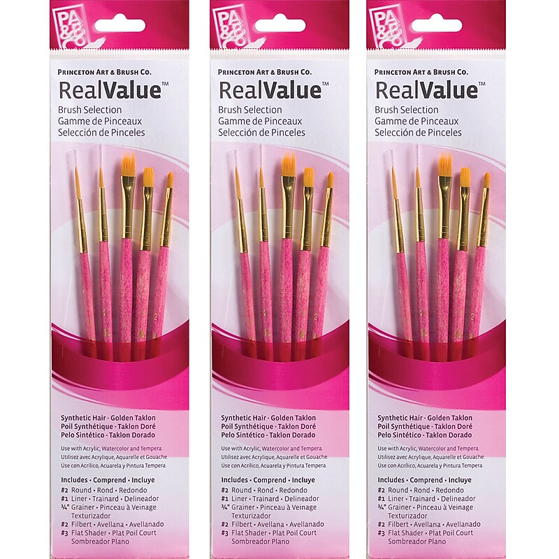 Princeton RealValue Mixed Media Gold Synthetic Taklon Brush, Pink, 5/Set, 3 Sets/Bundle (PBXPR9184-3) image 1