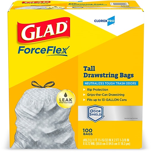 Glad ForceFlex Tall 13 Gallon Kitchen Drawstring Trash Bags, White, 120/Box  (78564), Staples