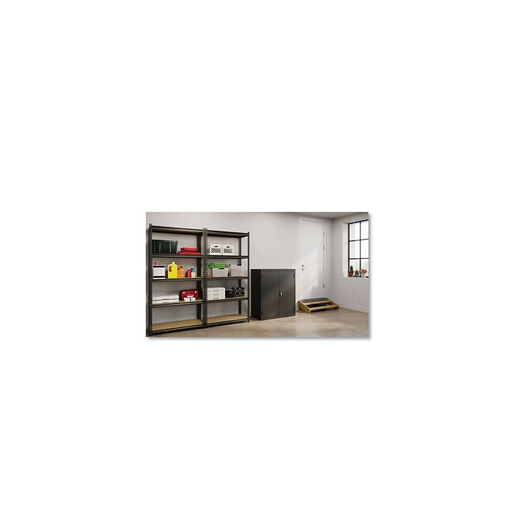 Set of dark gray/black storage cabinets in a showroom