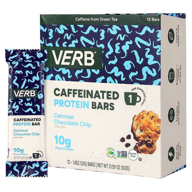 VERB Caffeinated Gluten Free Oatmeal Chocolate Chip Protein Bar, 1.8 oz., 12/Pack (220-02523) image 1