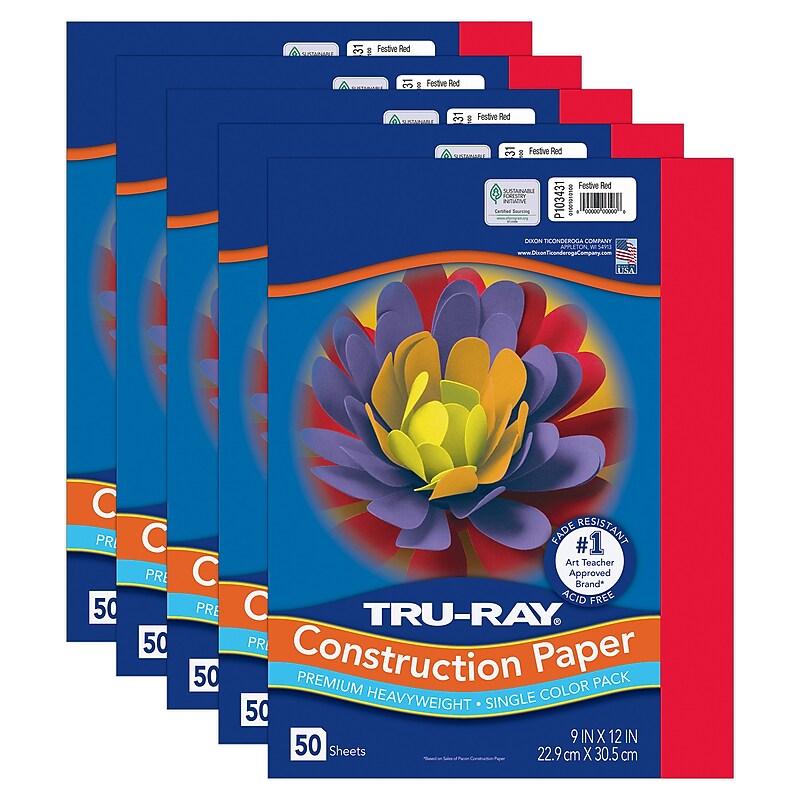 Tru-Ray 9" x 12" Construction Paper, Red, 50 Sheets/Pack, 5 Packs/Bundle (PAC103431-5) image 1