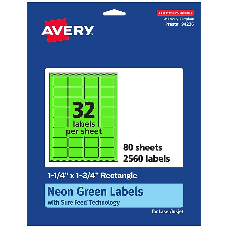 Avery Laser/Inkjet Multipurpose Rectangle Labels, 1.25" x 1.75", Neon Green, 2560/Box (94226) image 1