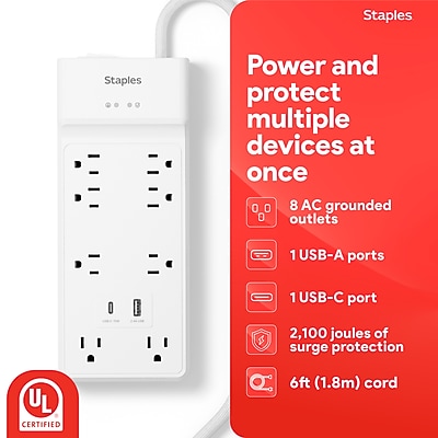 Staples TECH 8-Outlet 2-USB Port Surge Protector, 6′, 2100 Joules, White (ST62775) Sansujyuku sansujyuku.com