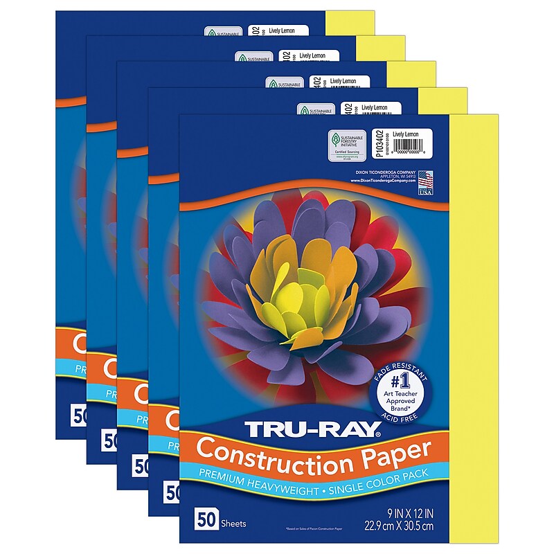 Tru-Ray 9" x 12" Construction Paper, Lively Lemon, 50 Sheets/Pack, 5 Packs/Bundle (PAC103402-5) image 1
