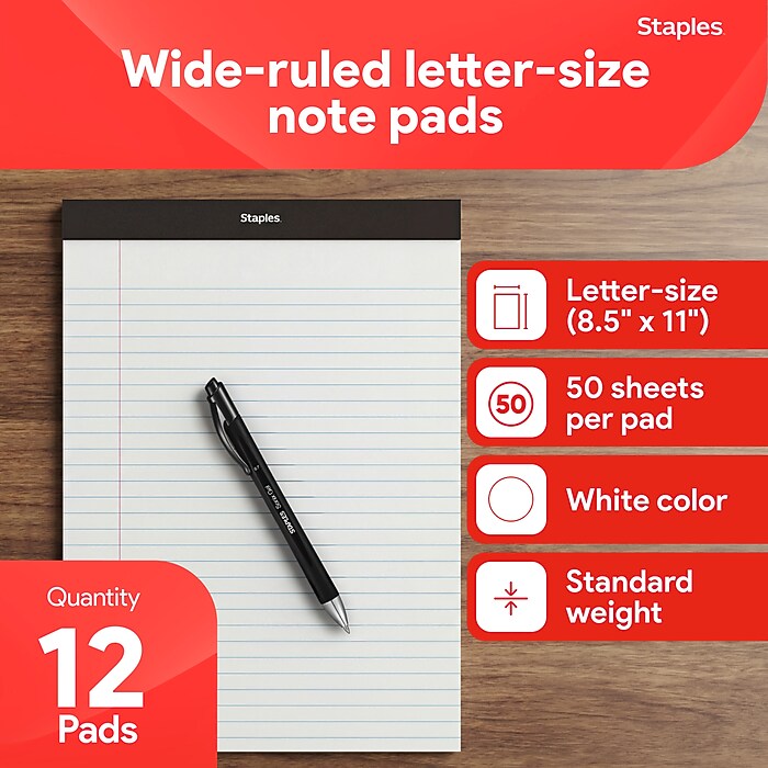 Gerry Arfiansyah品 STAPLES Legal Pads, 8.5” x 11”, Wide Ruled, Perforated, 50 Sheets