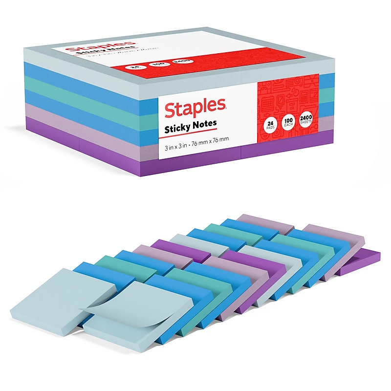 Staples Sticky Notes, 3" x 3", Marina Collection, 100 Sheets/Pad, 24 Pads/Pack (S-33WC24) image 1