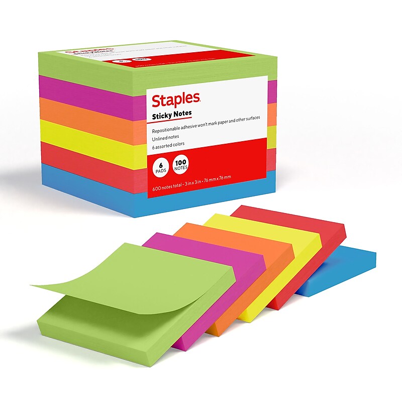Staples Sticky Notes, 3" x 3", Summer Breeze Collection, 100 Sheets/Pad, 6 Pads/Pack (ST62867) image 1