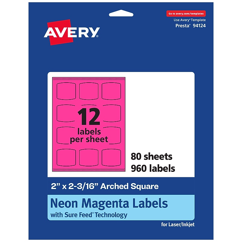 Avery Laser/Inkjet Arched Square Multipurpose Labels, 2" x 2-3/16", Neon Magenta, 960/Box (94124) image 1
