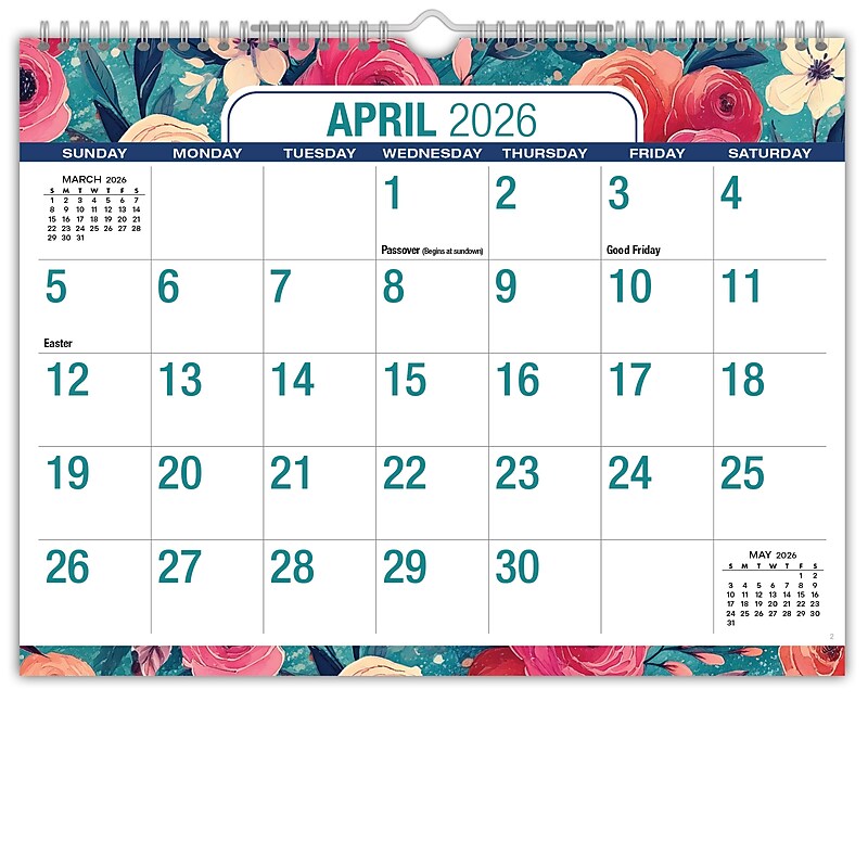 2026-2027 Excello Brands 8.5" x 11" Academic Monthly Wall Calendar, Teal Floral (NAY27-8511WC-17) image 1