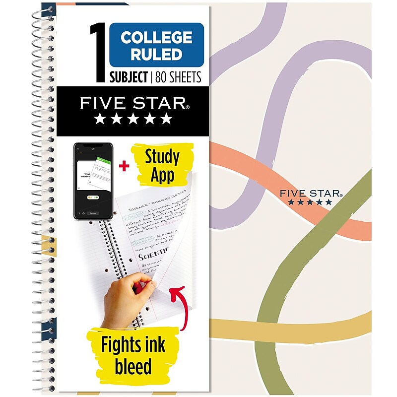 Five Star Five Star Simple Waves 1-Subject Notebooks, College Ruled, 80 Sheets, Multicolor (820233F-24) image 1