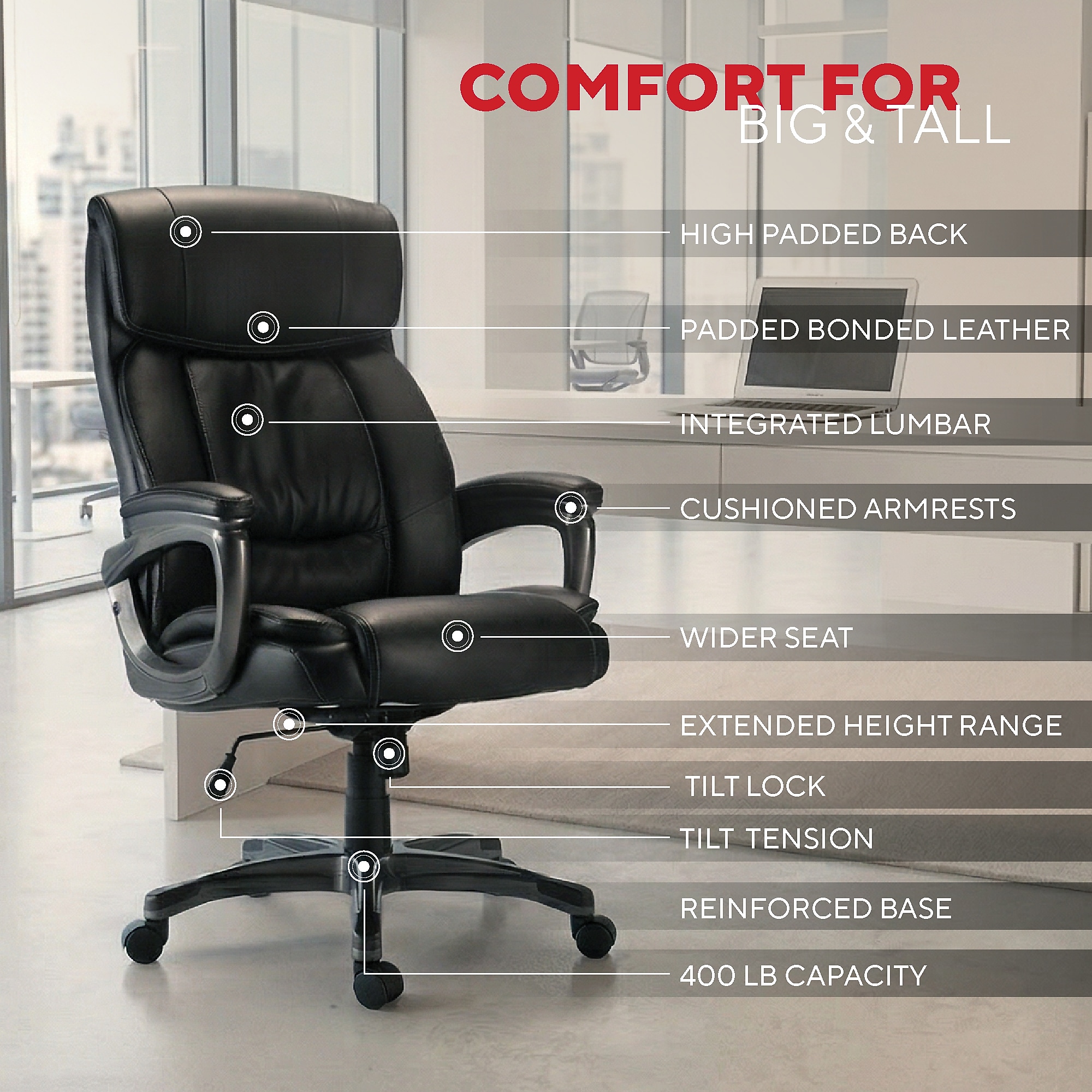 Staples Lockland Ergonomic Leather Managers Big & Tall Chair, 400 lb. Capacity, Black (ST63098-CC) Sansujyuku sansujyuku.com