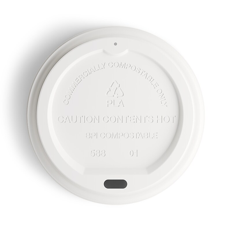 Perk™ Eco Compostable Plastic Hot Cup Lid, 10/12/16 Oz., White, 50/Pack (PK56218) image 1