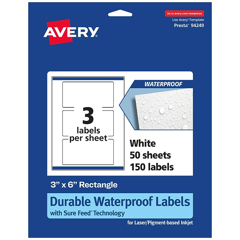 Avery Laser/Inkjet Rectangle Waterproof Multipurpose Labels, 6"  x 3", White, 150/Box (94249) image 1