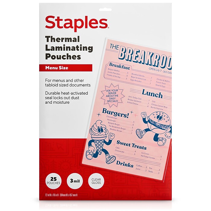 Staples Thermal Laminating Pouches, Menu Size, 3 Mil, 25/Pack
