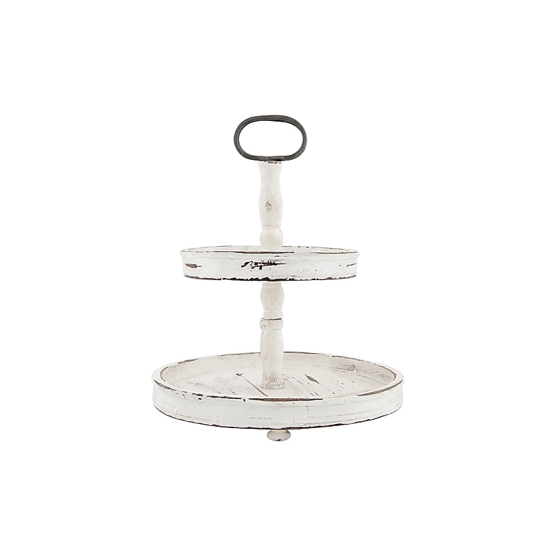 Storied Home Distressed Cream Wood 2-Tier Tray with Metal Handle (EC0125) image 1