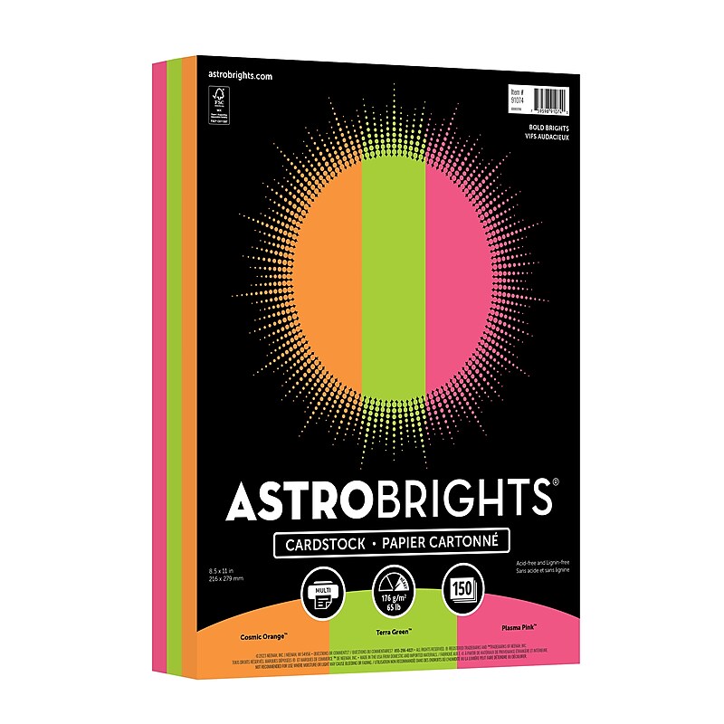 Astrobrights 65 lb. Cardstock Paper, 8.5" x 11", Bold Brights Assortment, 150 Sheets/Pack (91074) image 1