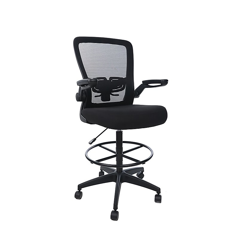 Boss Flip Arm Mesh/Fabric Stool with Footrest and Lumbar Support, Black (B16366BK-BK) image 1