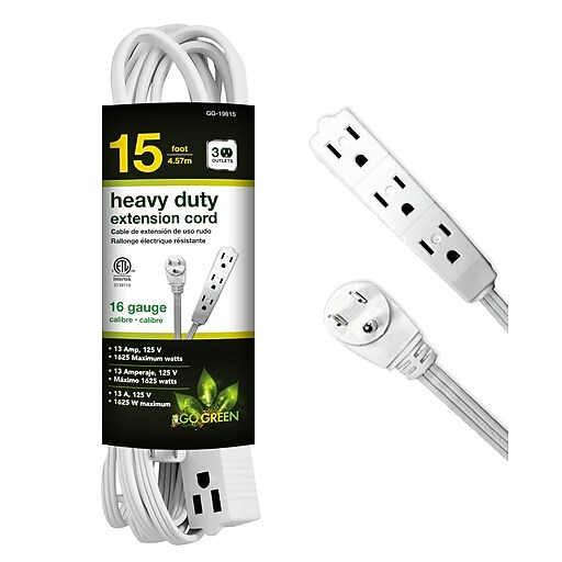 GoGreen Power 15' Extension Cord, 3-Outlet, 16 AWG, White (GG