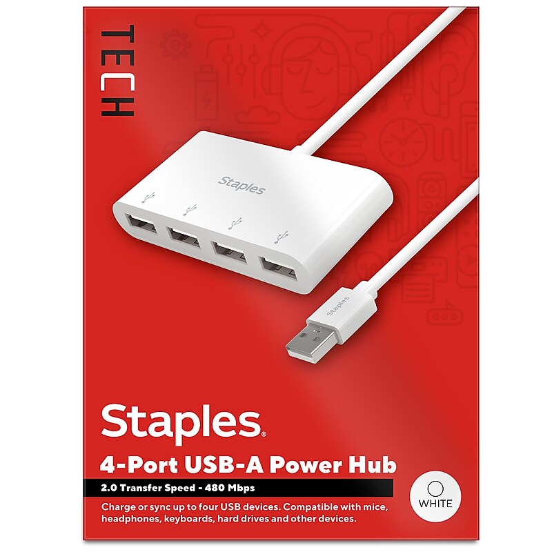 Staples TECH 4-Port USB 2.0 Hub, White (ST62376) image 1