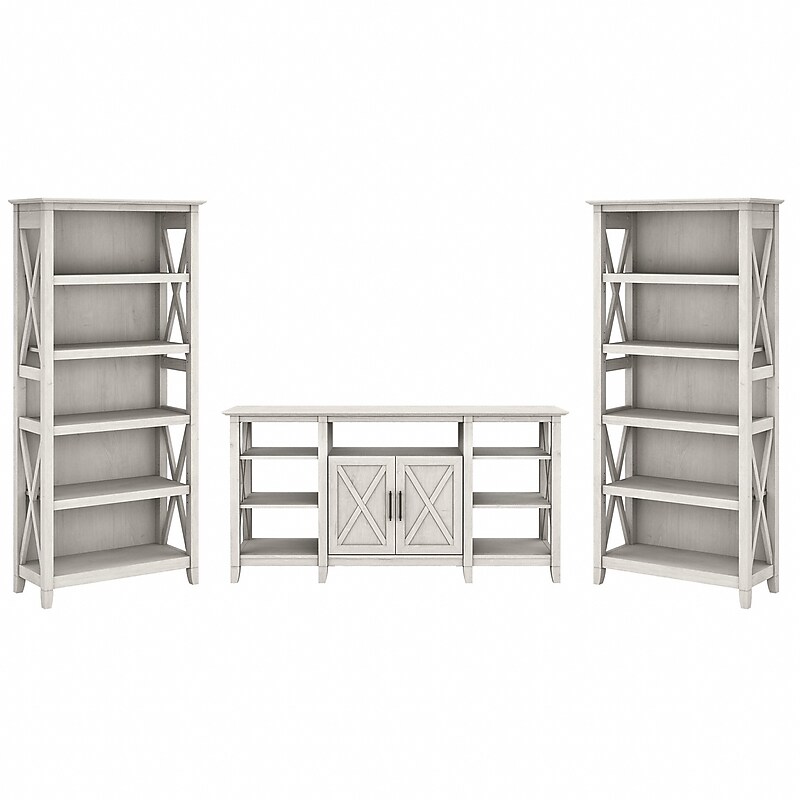Bush Furniture Key West Tall TV Stand with Set of Two Bookcases, Screens up to 65", Linen White Oak (KWS027LW) image 1