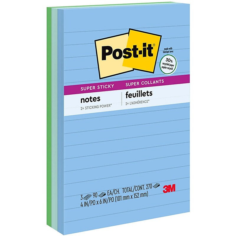 Post-it Recycled Super Sticky Notes, 4" x 6", Oasis Collection, Lined, 90 Sheet/Pad, 3 Pads/Pack (6603SST) image 1