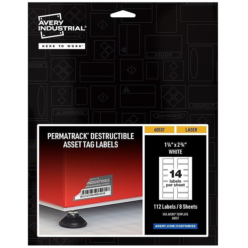 Avery PermaTrack(R) Destructible Laser Asset Tag Labels, 1-1/4" x 2-3/4", Matte White, 112 Asset Tags/Pack (60537) image 1