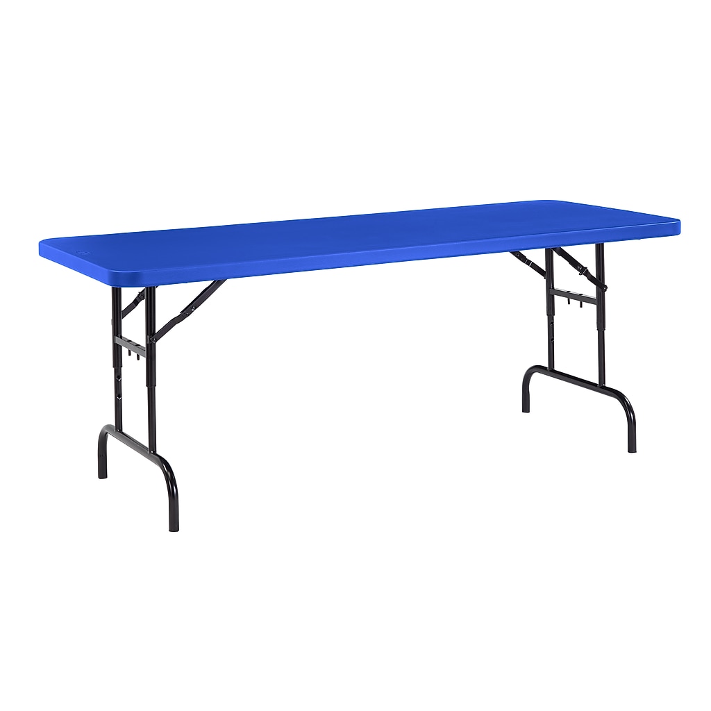 Blue rectangular folding table with black metal legs