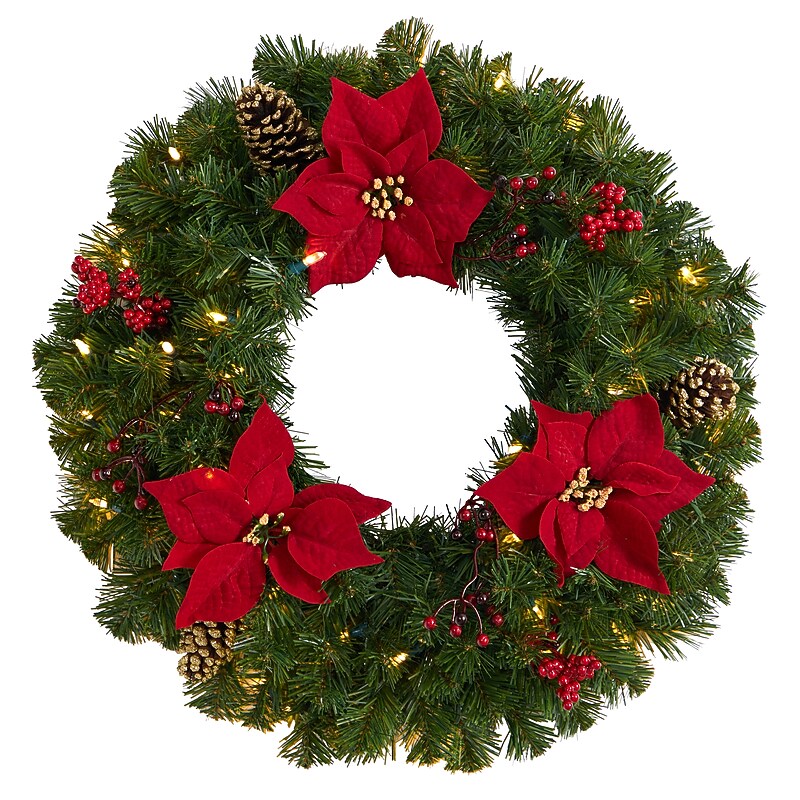 Nearly Natural Poinsettia, Berry and Pinecone Artificial Wreath, 24" (W1301) image 1
