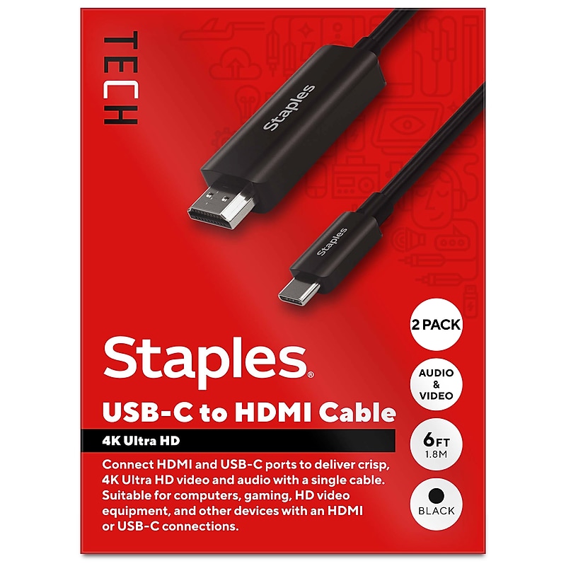 Staples TECH 6 ft. USB-C to HDMI Audio/Video Cable, Male to Male, Black, 2/Pack (ST62472-VB) image 1