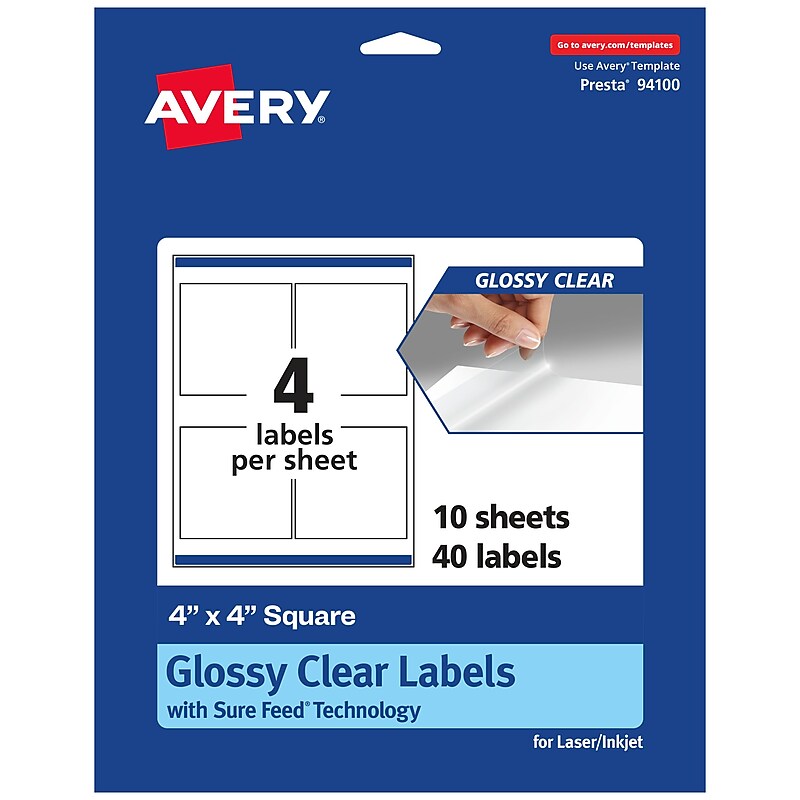 Avery Laser/Inkjet Square Glossy Labels, 4" x 4", Clear, 40 Labels/Pack (94100) image 1