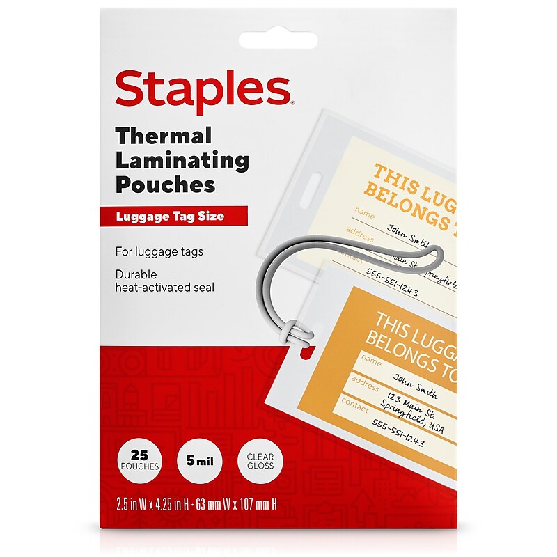 Staples Thermal Laminating Pouches, Luggage Tag, 5 Mil, 25/Pack (5200302/5200304) image 1