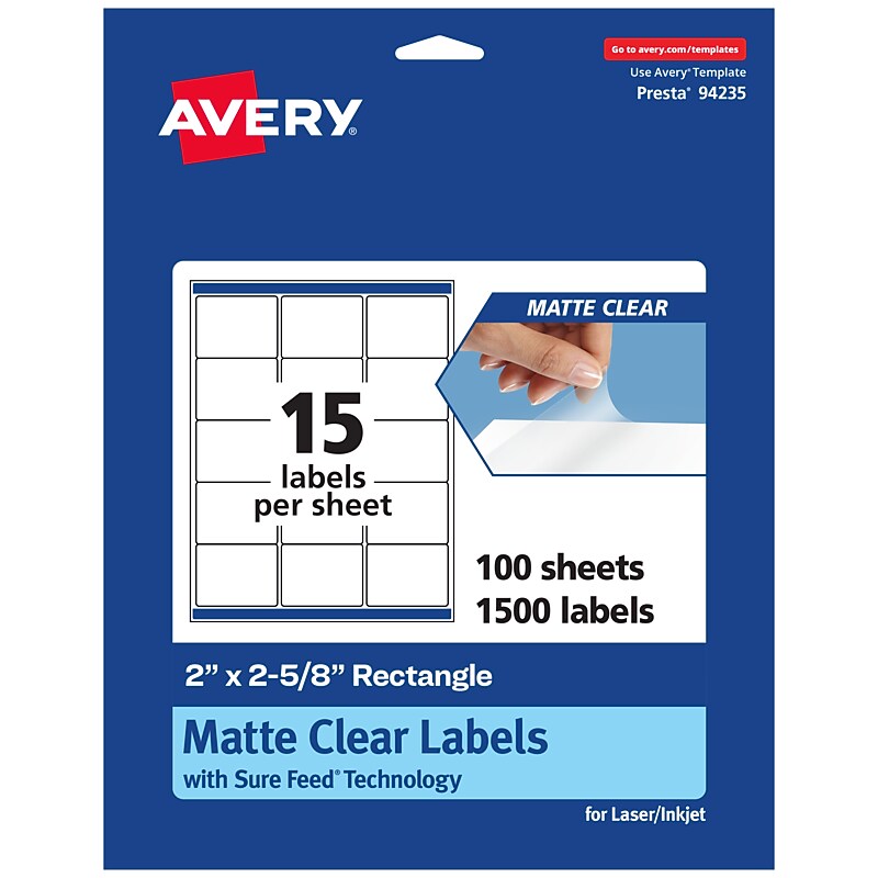 Avery Laser/Inkjet Rectangle Multipurpose Labels, 2" x 2-5/8", Clear, 1500/Box (94235) image 1