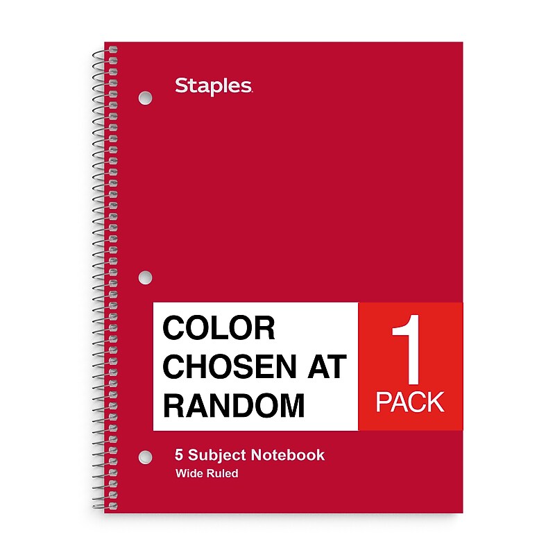 Staples® 5-Subject Notebook, 8" x 10.5", Wide Ruled, 180 Sheets, Color chosen at random (52694M) image 1