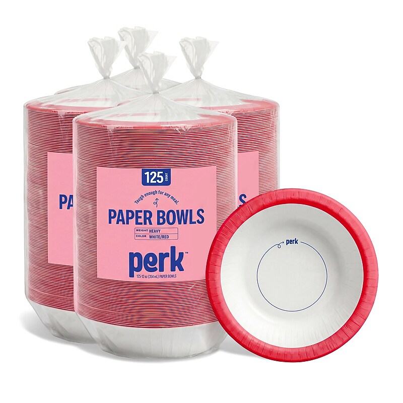 Perk™ Heavy-Weight Paper Bowls, 12 Oz., White/Red, 500/Carton (PK54332) image 1