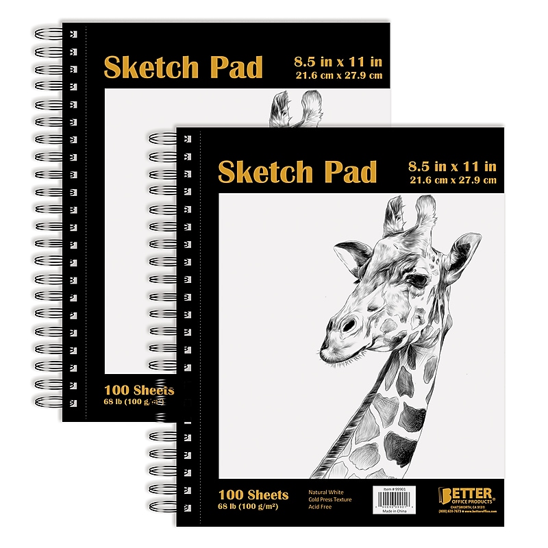 Better Office 8.5" x 11" Spiral Bound Drawing Sketch Pad, 100 Sheets/Pad, 2 Pads/Pack (01303) image 1