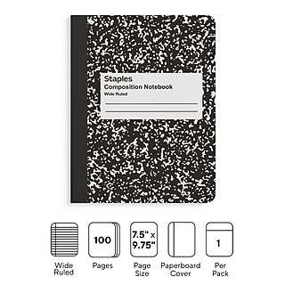 STAPLES Composition Notebook, 9.75” x 7.5”, Wide Ruled, 100 Sheets, Marble Black~#|#~6F1C4655-9ADB-4B1E-9799733AD7A2F494_sc7