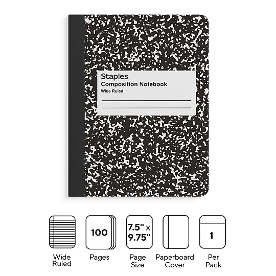 STAPLES Composition Notebook, 9.75” x 7.5”, Wide Ruled, 100 Sheets, Marble Black~#|#~6F1C4655-9ADB-4B1E-9799733AD7A2F494_sc7