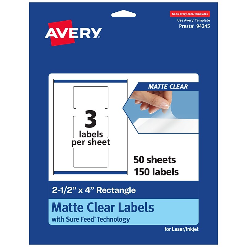 Avery Laser/Inkjet Rectangle Multipurpose Labels, 2-1/2" x 4", Clear, 150/Box (94245) image 1