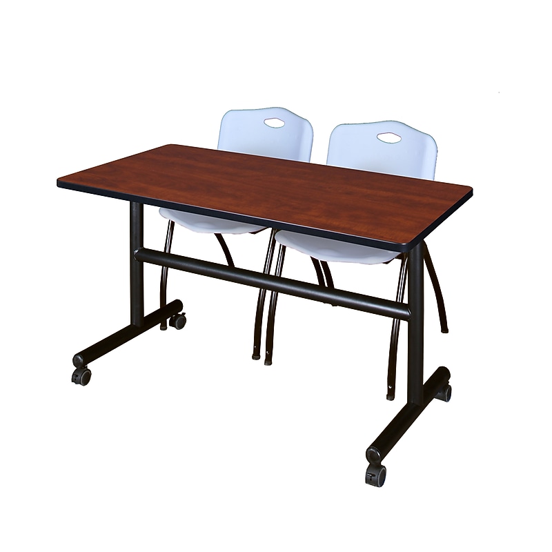 Regency Kobe 48" Flip Top Mobile Training Table- Cherry & 2 'M' Stack Chairs- Grey image 1