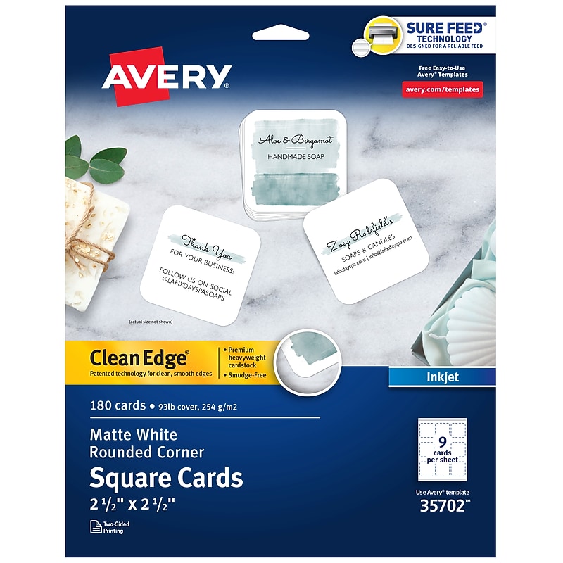 Avery Clean EdgeBusiness Cards, 2.5" x 2.5", White, 9 Cards/Sheet, 180 Cards/Pack (35702) image 1