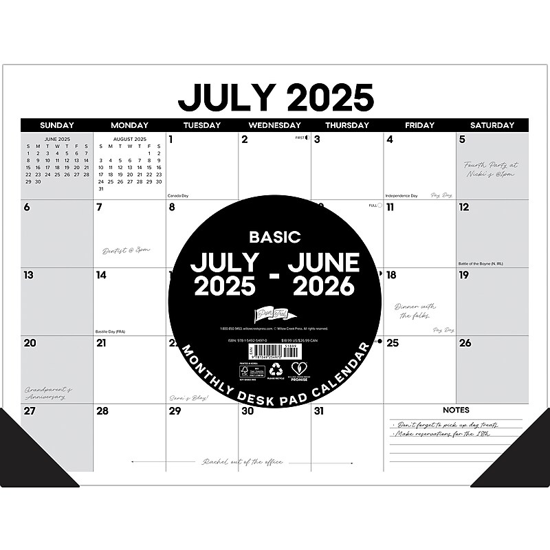 2025-2026 Willow Creek Basic 22" x 17" Academic Monthly Desk Pad Calendar, Black/White (54970) image 1