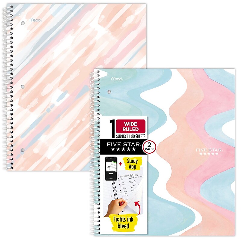 Five Star Brushy Moves 1-Subject Notebooks, 8.5" x 11", Wide-Ruled, 80 Sheets, Assorted Colors, 2/Pack (930060) image 1