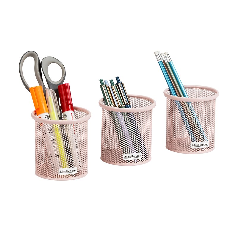 Mind Reader Metal Pen and Accessory Holder Desk Organizer, Pink, 3-Pieces (CLIPMESH3-PNK) image 1