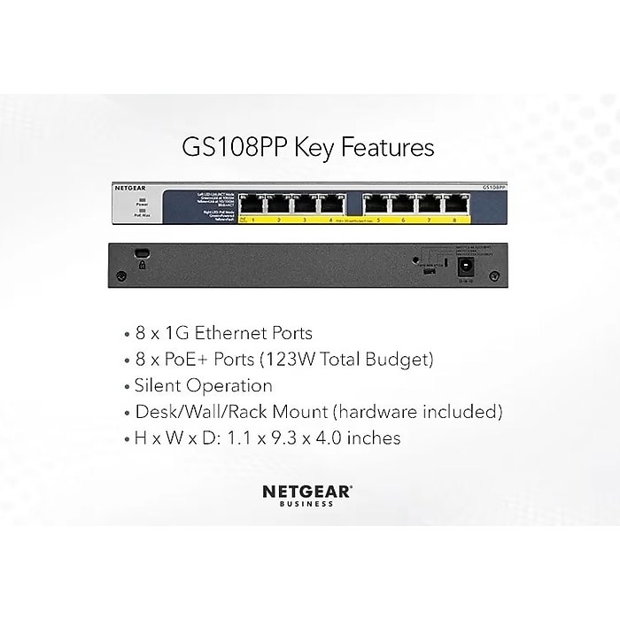 Netgear 8-Port Gigabit Ethernet Unmanaged Switch, Gray (GS108PP